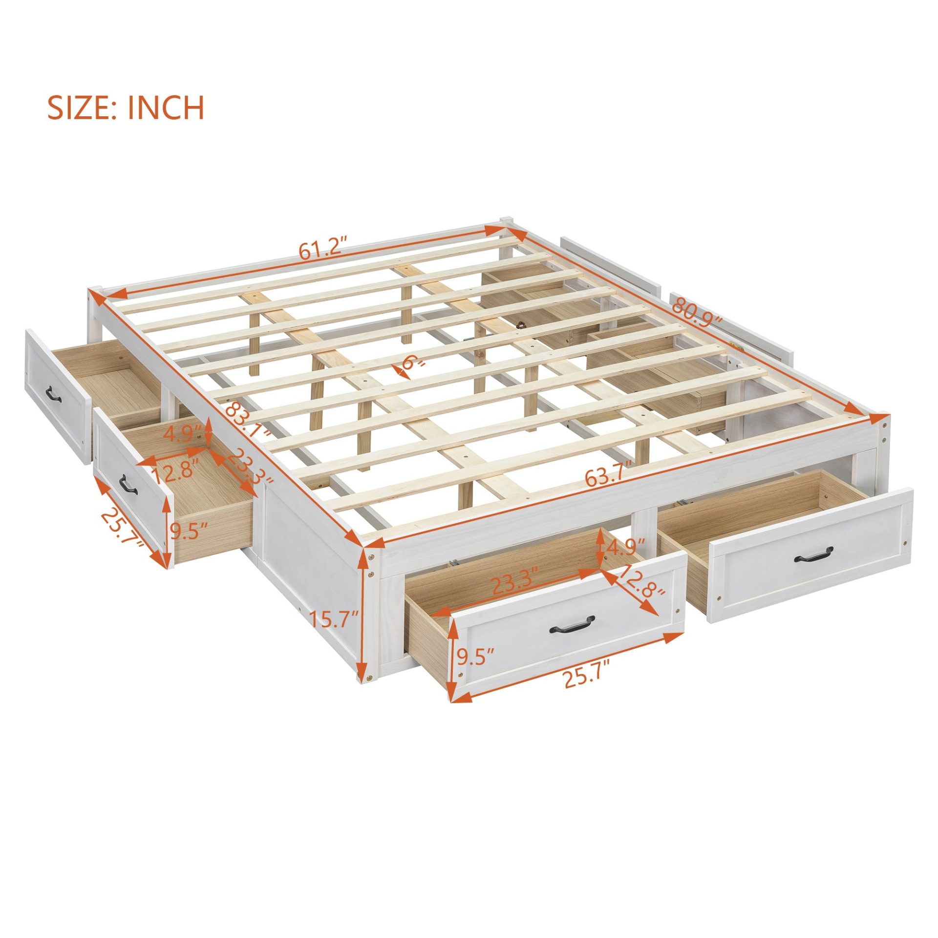 Start2Finish platform bed with antique-inspired design and built-in storage drawers, showcasing its stylish and functional bed frame.