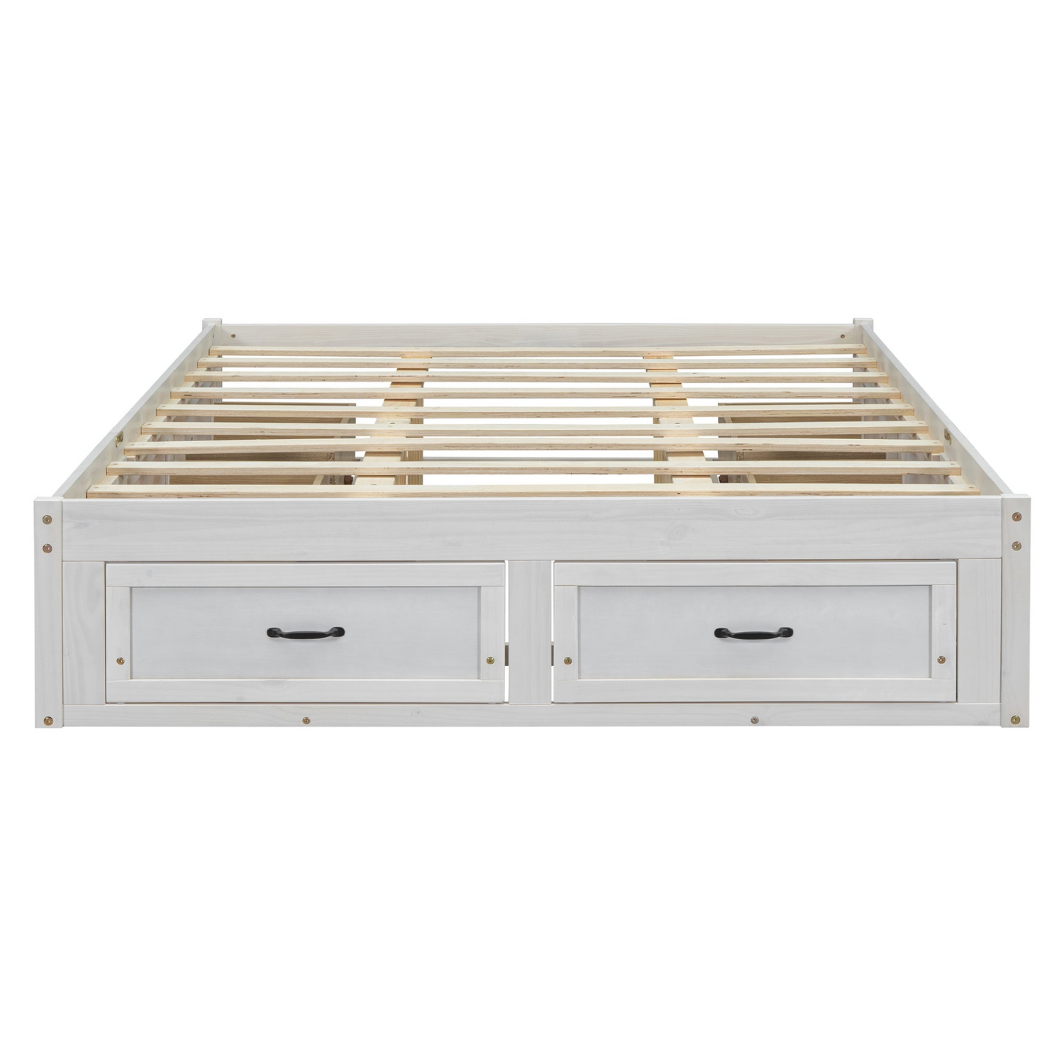Start2Finish platform bed with built-in storage drawers, antique-inspired design, showcasing the bed frame and storage features.
