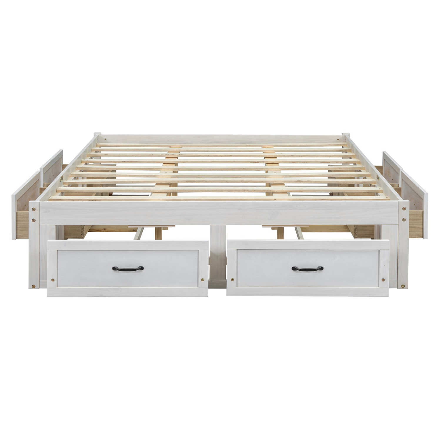 Start2Finish platform bed with antique-inspired design and built-in storage drawers, showcasing the elegant headboard and storage compartments.