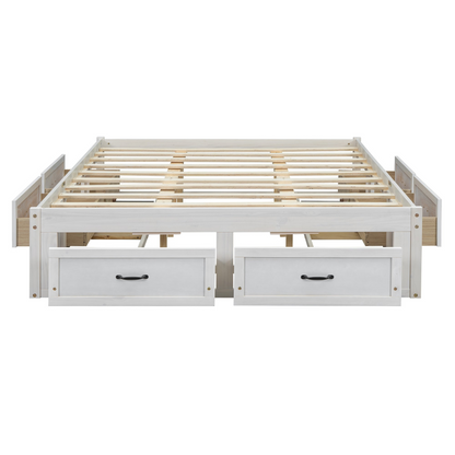 Start2Finish platform bed with antique-inspired design and built-in storage drawers, showcasing the elegant headboard and storage compartments.
