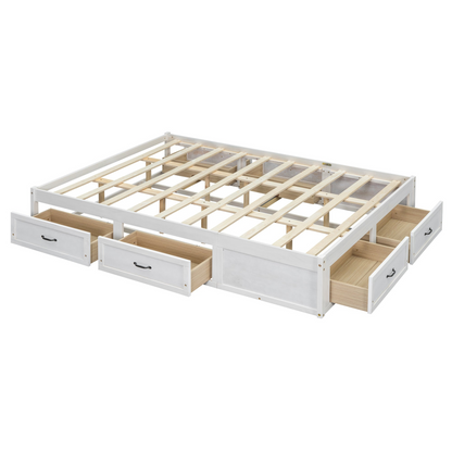 Start2Finish platform bed with storage drawers, antique-inspired wood finish and built-in storage solution.