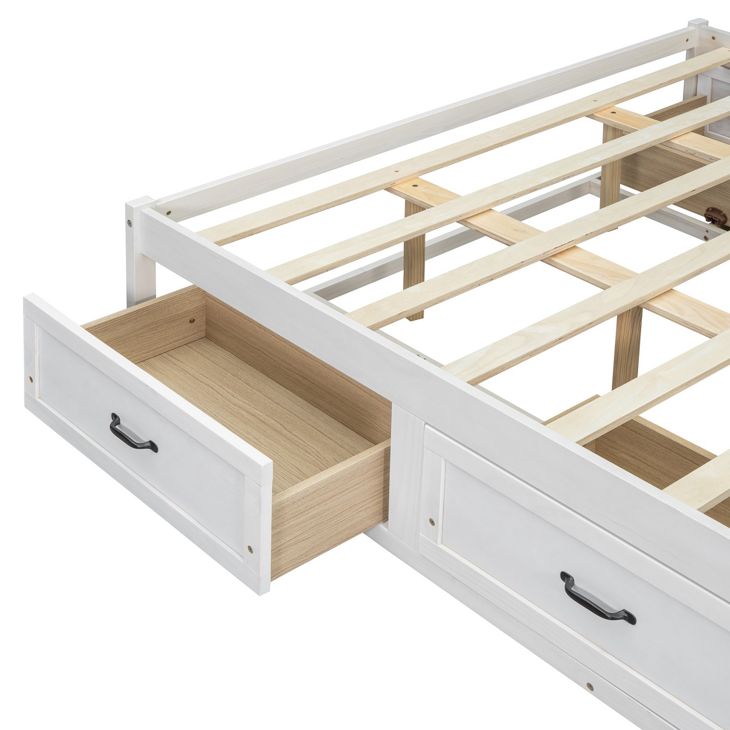 Start2Finish antique-inspired platform bed with built-in storage drawers and elegant design, showcasing the storage and headboard details.