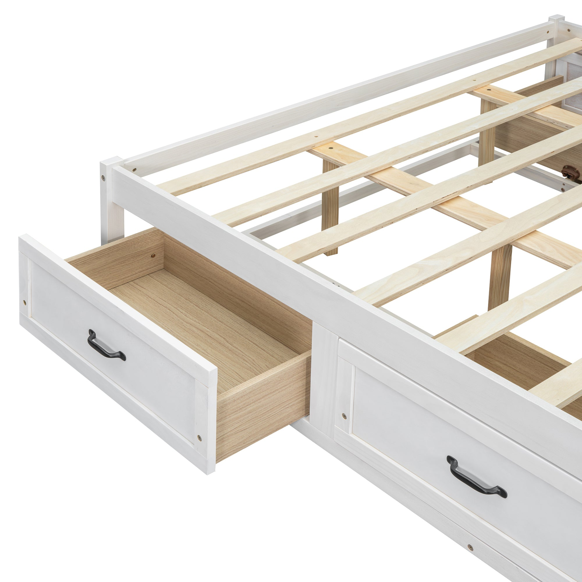 Start2Finish antique-inspired platform bed with built-in storage drawers and elegant design, showcasing the storage and headboard details.