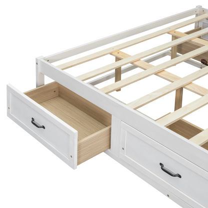 Start2Finish antique-inspired platform bed with built-in storage drawers and elegant design, showcasing the storage and headboard details.