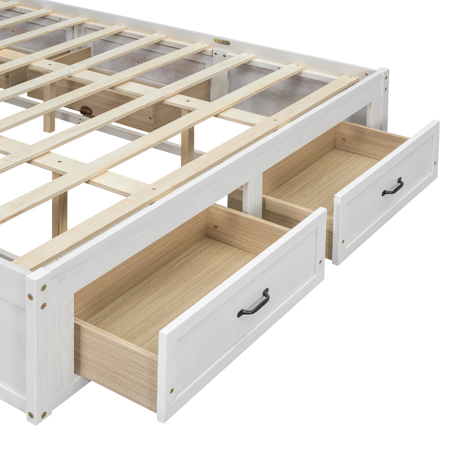 Start2Finish platform bed with antique-inspired design featuring built-in storage drawers for convenient bedroom organization.