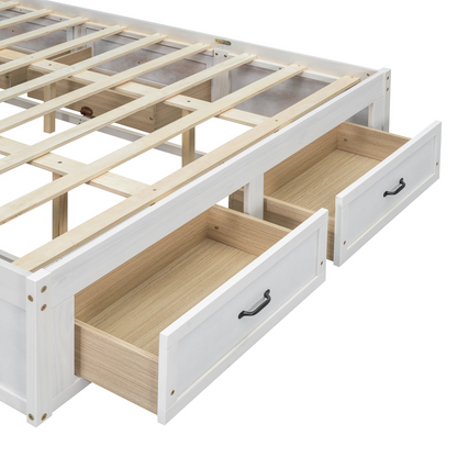 Start2Finish platform bed with antique-inspired design featuring built-in storage drawers for convenient bedroom organization.