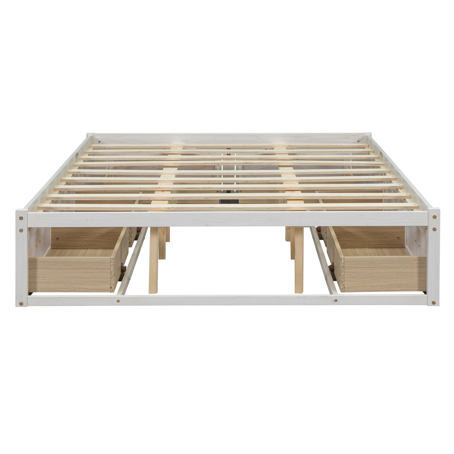 Start2Finish platform bed with antique-inspired design and built-in storage drawers, showcasing a sturdy frame and classic style.