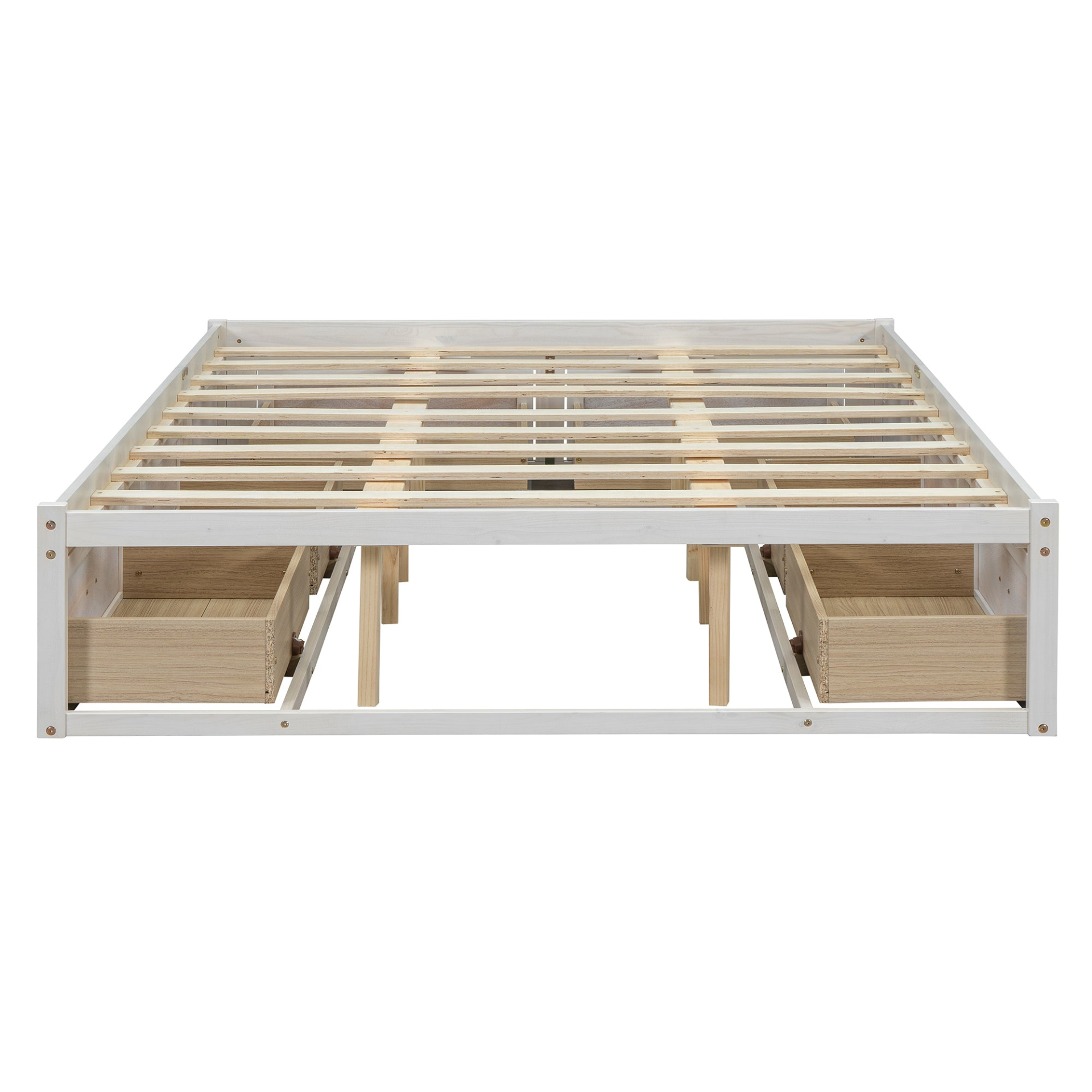 Start2Finish platform bed with antique-inspired design and built-in storage drawers, showcasing a sturdy frame and classic style.
