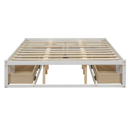Start2Finish platform bed with antique-inspired design and built-in storage drawers, showcasing a sturdy frame and classic style.