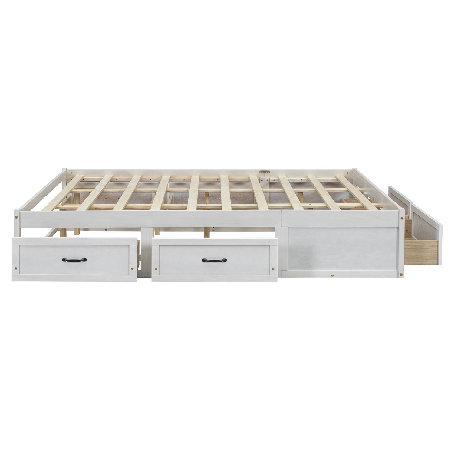 Antique-inspired platform bed with built-in storage drawers and a sleek design, featuring a sturdy frame and elegant finish.