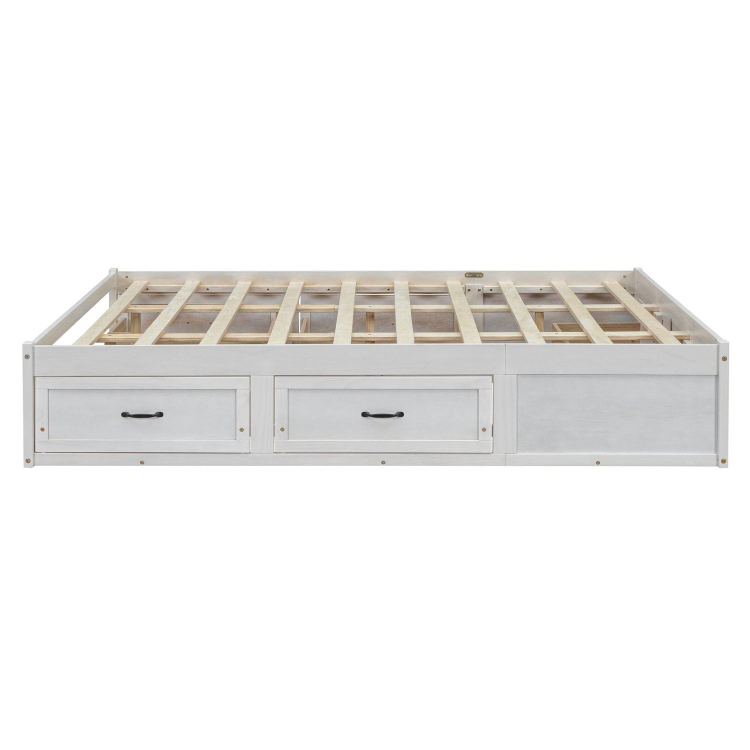 Antique-inspired platform bed with built-in storage drawers from Start2Finish, featuring a stylish design and practical storage space.