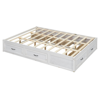 Start2Finish platform bed with antique-inspired design and built-in storage drawers for efficient bedroom organization.