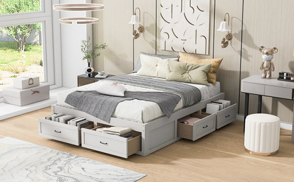 Start2Finish platform bed with antique-inspired design featuring built-in storage drawers for added functionality.