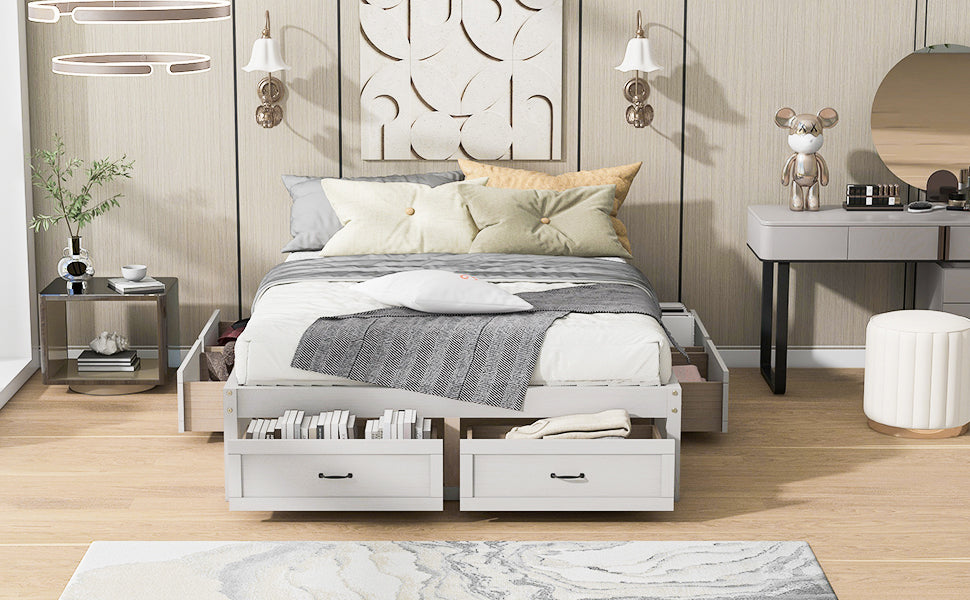Start2Finish platform bed with antique-inspired design featuring built-in storage drawers and a sturdy frame.