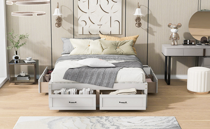 Start2Finish platform bed with antique-inspired design featuring built-in storage drawers and a sturdy frame.