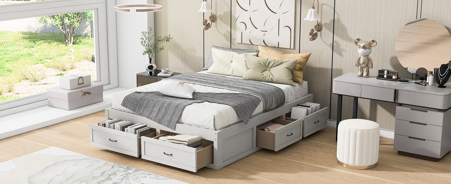Start2Finish platform bed with antique-inspired design and built-in storage drawers, showcasing a sturdy frame and elegant finish.