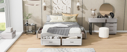 Start2Finish platform bed with antique-inspired design and built-in storage drawers for convenient bedroom organization.