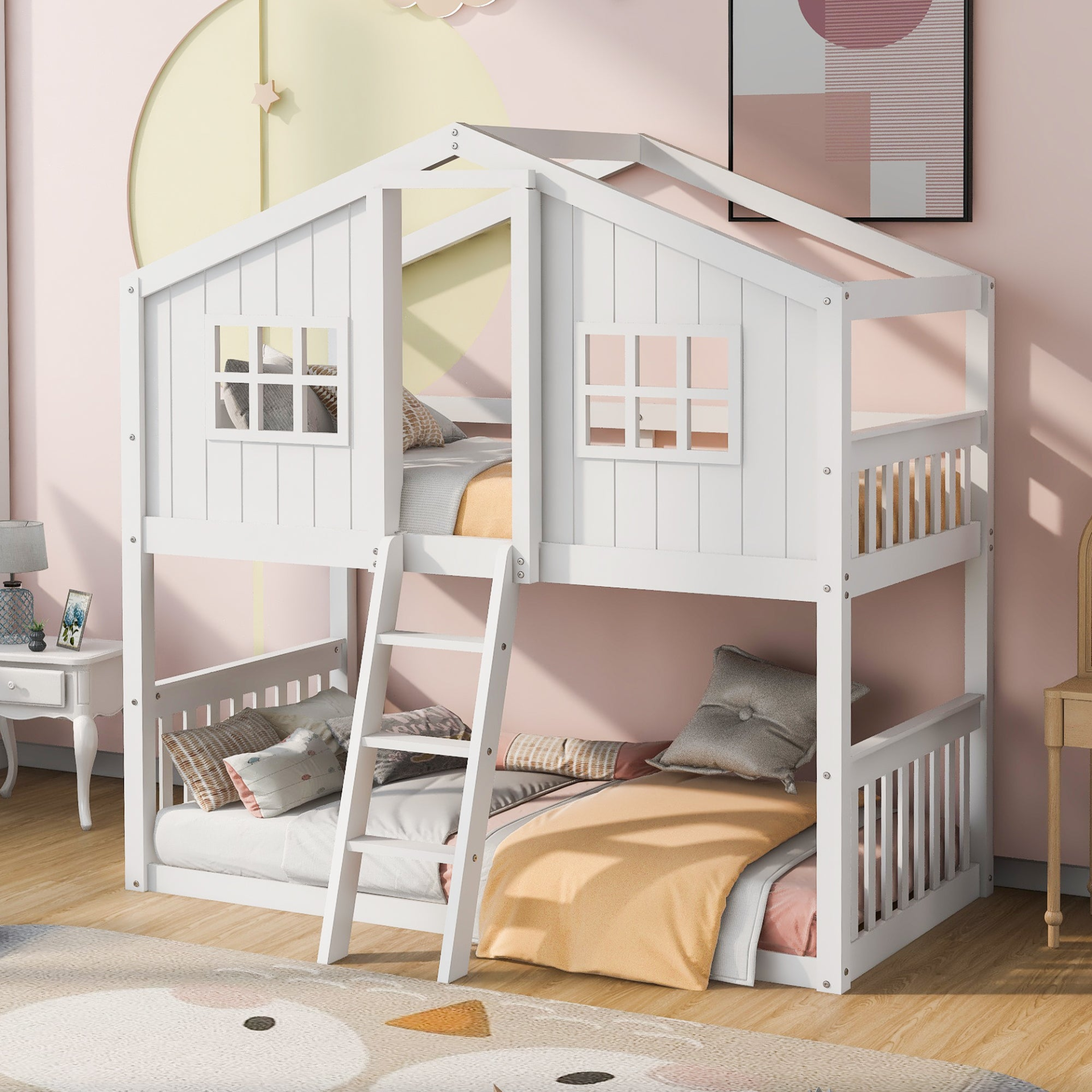Wood twin over twin house bunk bed with ladder, ideal for kids and teens, from Start2Finish furniture collection.