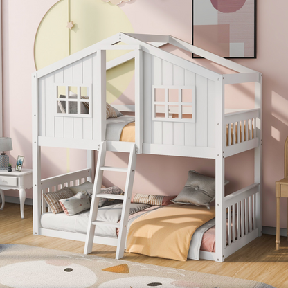 Wood twin over twin house bunk bed with ladder, ideal for kids and teens, from Start2Finish furniture collection.
