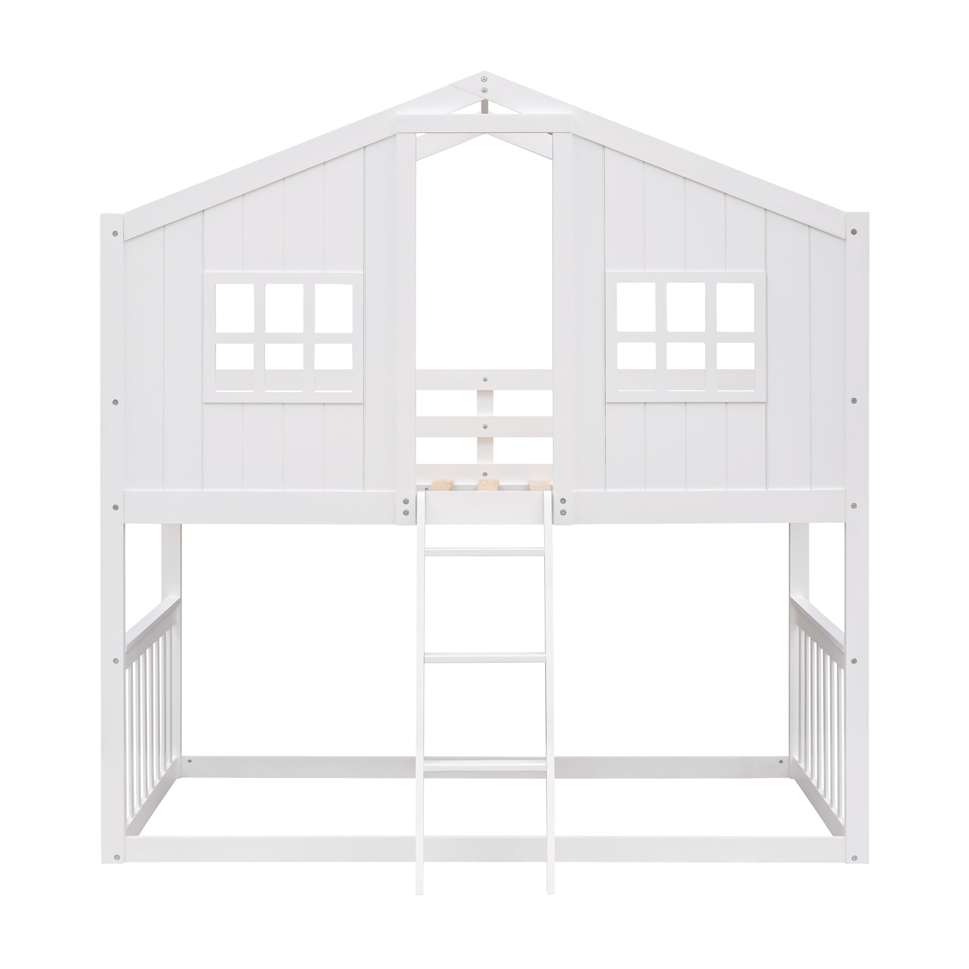 Wood twin over twin bunk bed with ladder, sturdy furniture for kids and teens, in a natural finish with safety rails.