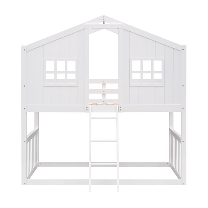 Wood twin over twin bunk bed with ladder, sturdy furniture for kids and teens, in a natural finish with safety rails.