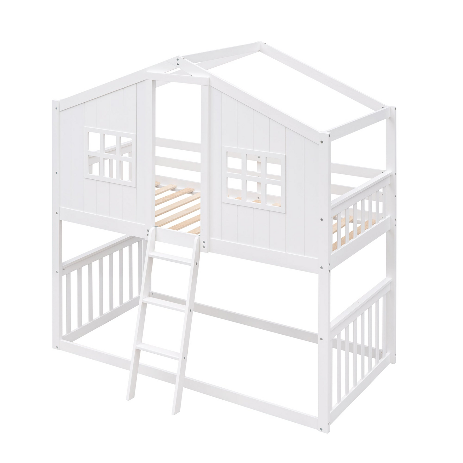 Wood twin over twin bunk bed with ladder from Start2Finish, designed for kids and teens, featuring a sturdy frame and built-in ladder.