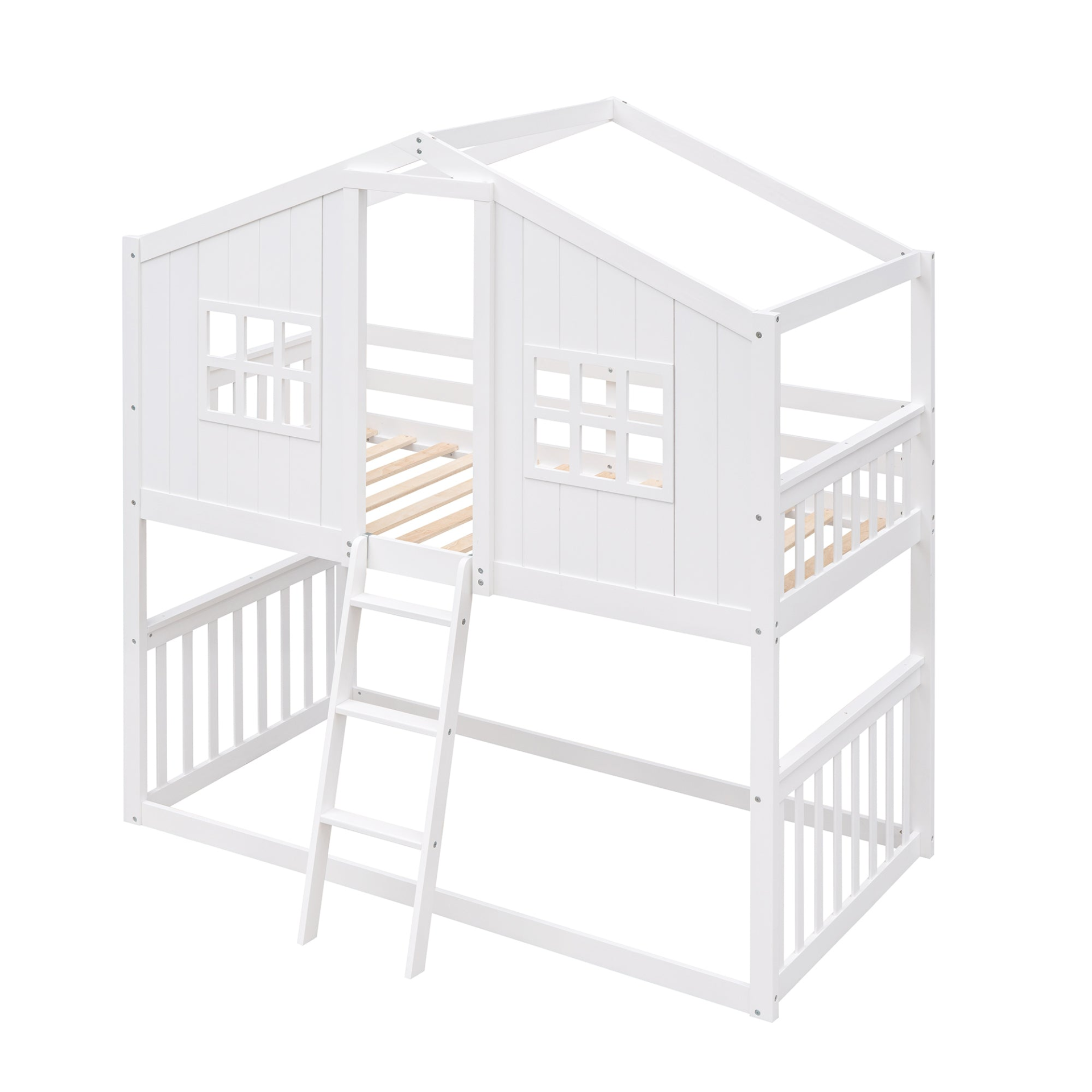Wood twin over twin bunk bed with ladder from Start2Finish, designed for kids and teens, featuring a sturdy frame and built-in ladder.