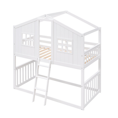 Wood twin over twin bunk bed with ladder from Start2Finish, designed for kids and teens, featuring a sturdy frame and built-in ladder.