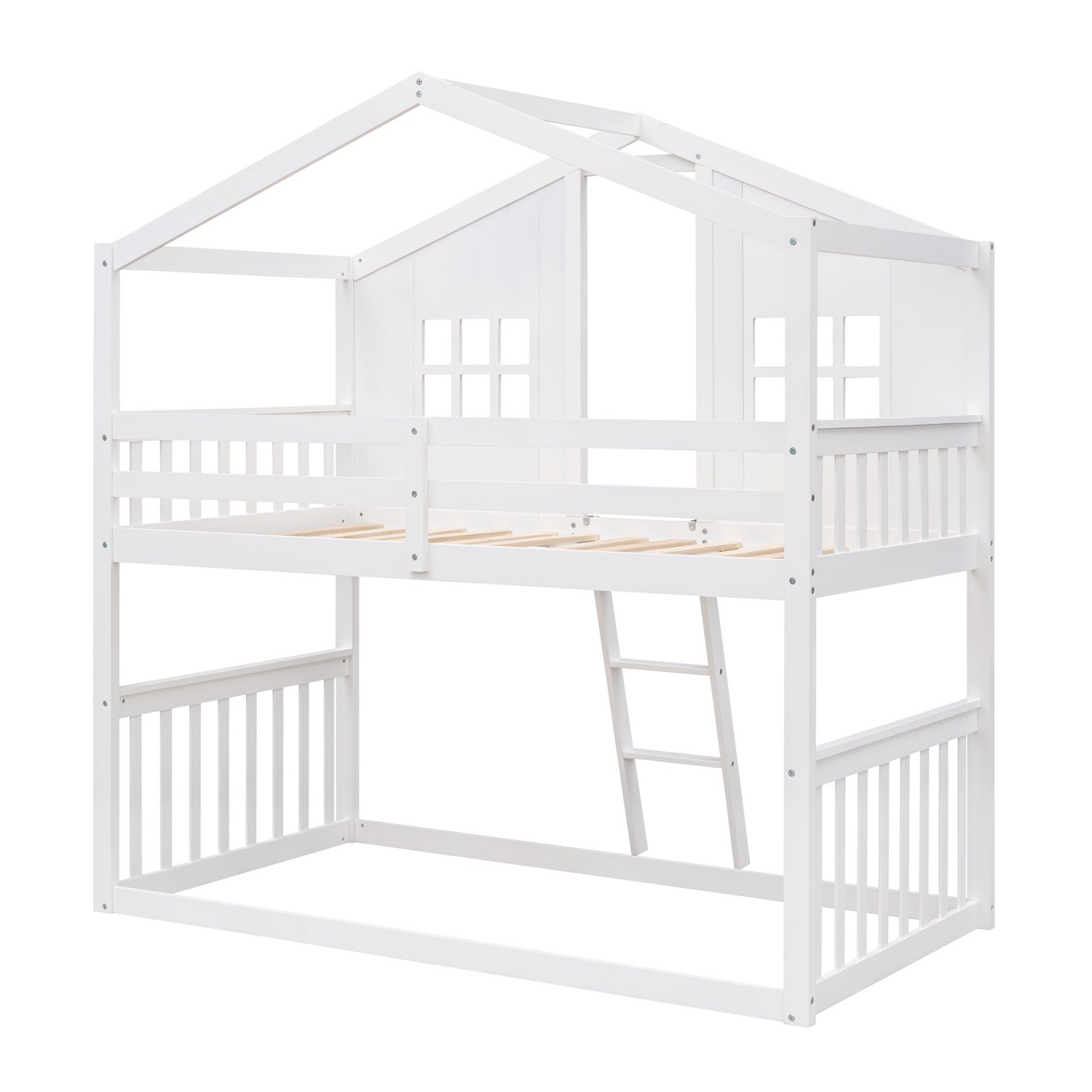 Start2Finish twin over twin wooden bunk bed with ladder, designed for kids and teens, featuring sturdy wood construction and safety rails.