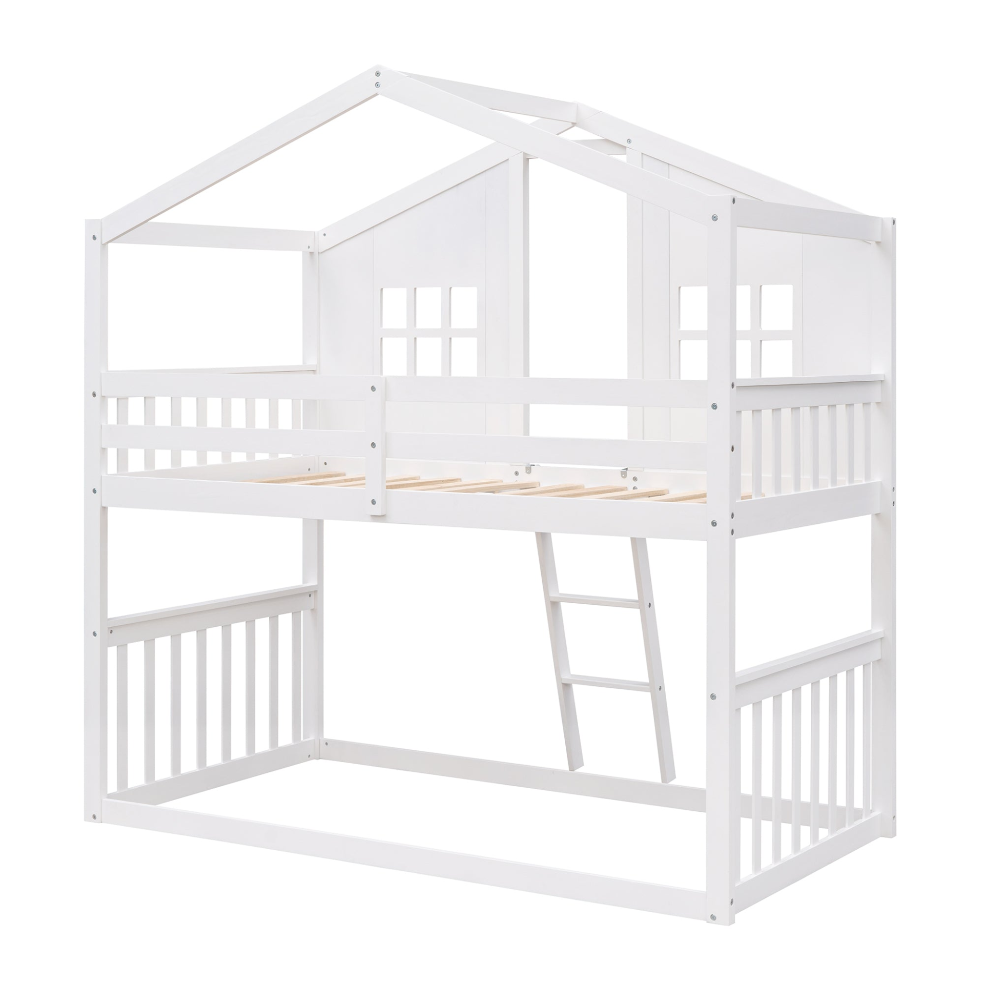 Start2Finish twin over twin wooden bunk bed with ladder, designed for kids and teens, featuring sturdy wood construction and safety rails.