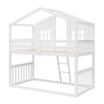 Start2Finish twin over twin wooden bunk bed with ladder, designed for kids and teens, featuring sturdy wood construction and safety rails.