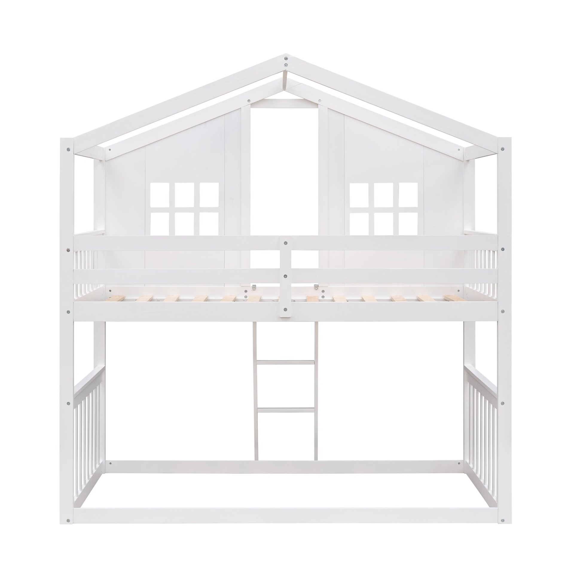 Start2Finish twin over twin house bunk bed with ladder, wooden furniture for kids and teens, featuring a cozy, multi-level sleeping space.