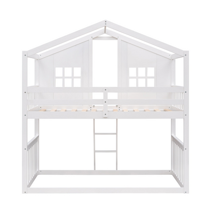 Start2Finish twin over twin house bunk bed with ladder, wooden furniture for kids and teens, featuring a cozy, multi-level sleeping space.