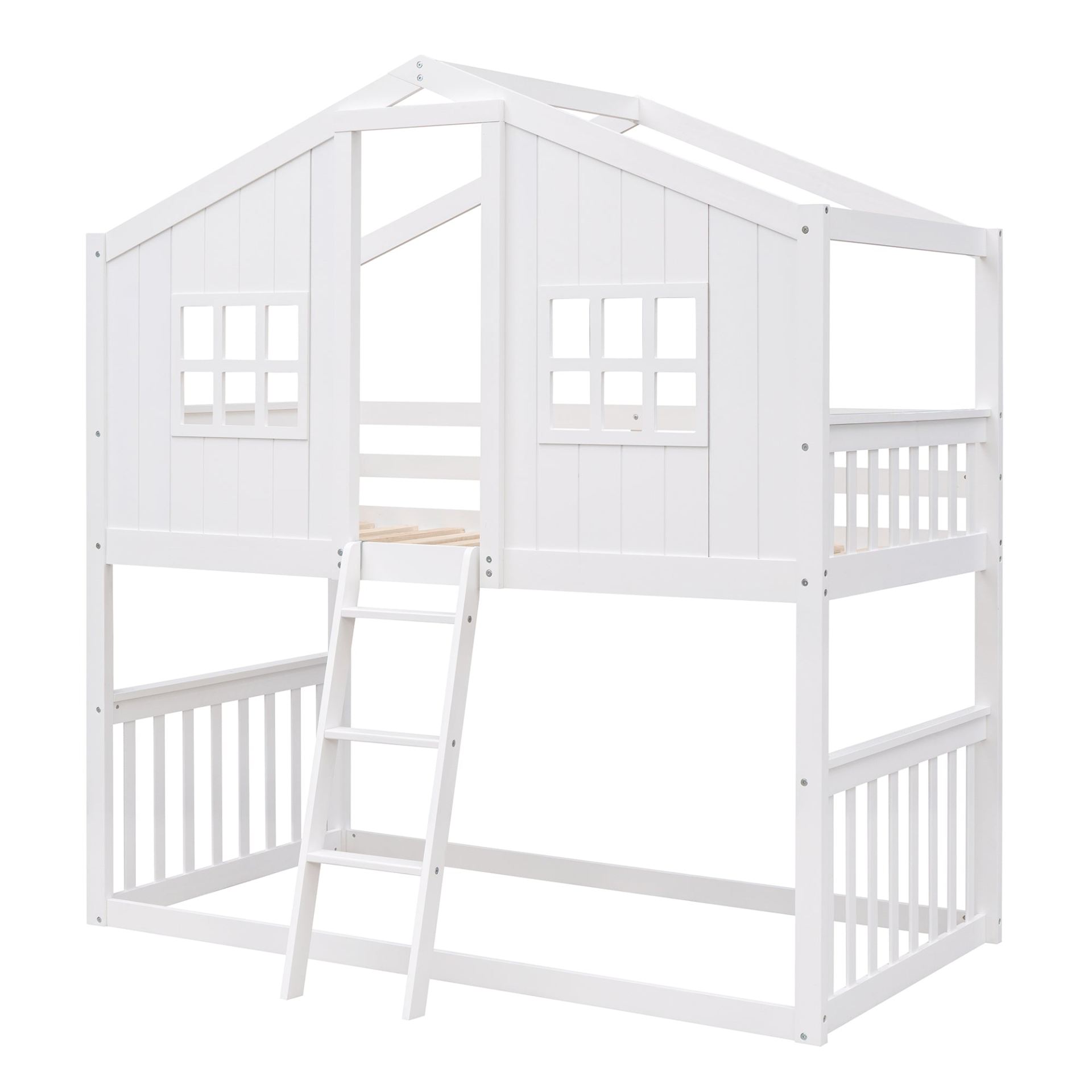 Wood twin over twin house bunk bed with ladder and safety rails, ideal for kids and teens, by Start2Finish furniture.