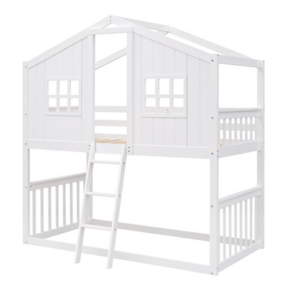 Wood twin over twin house bunk bed with ladder and safety rails, ideal for kids and teens, by Start2Finish furniture.