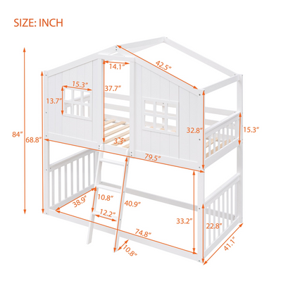 Wood twin over twin house bunk bed with ladder from Start2Finish, ideal for kids and teens, featuring a cozy, space-saving design.