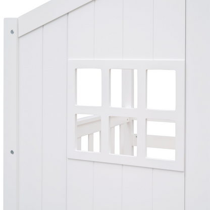 Wood twin over twin house bunk bed with ladder for kids and teens, sturdy furniture by Start2Finish