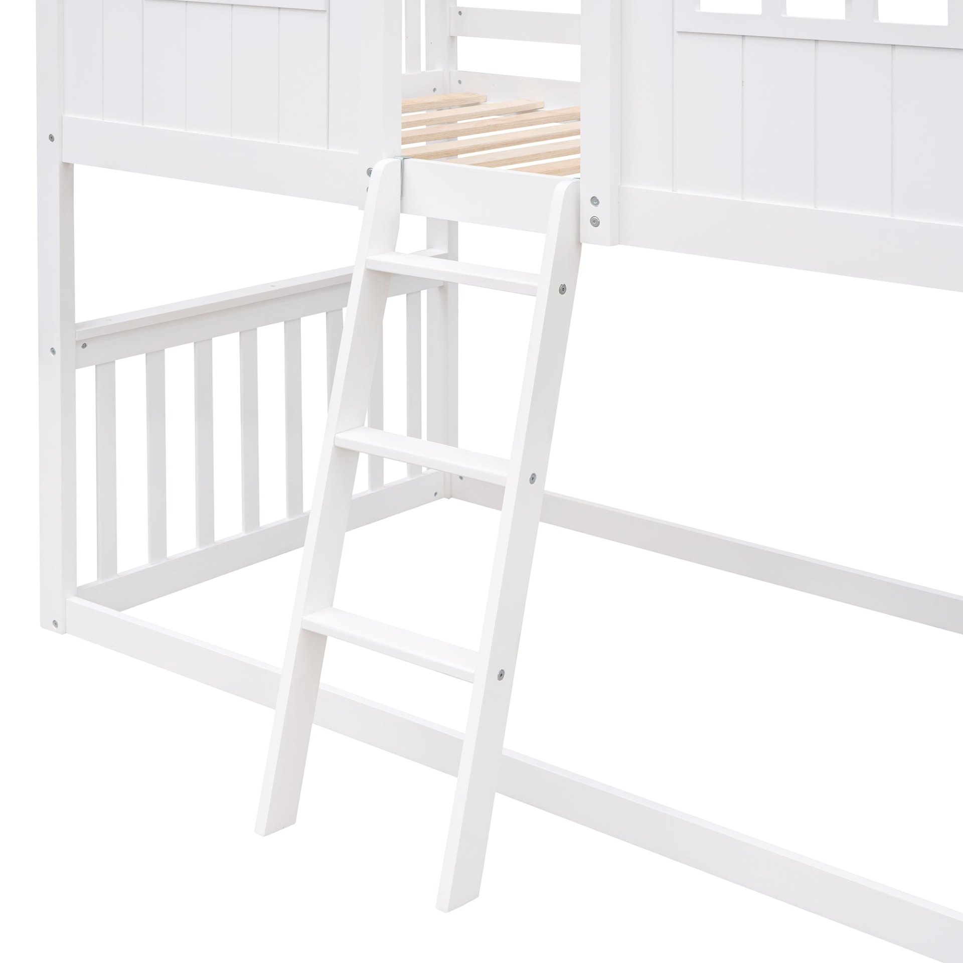 Start2Finish twin over twin wood bunk bed with ladder, designed for kids and teens, featuring a sturdy frame and natural wood finish.