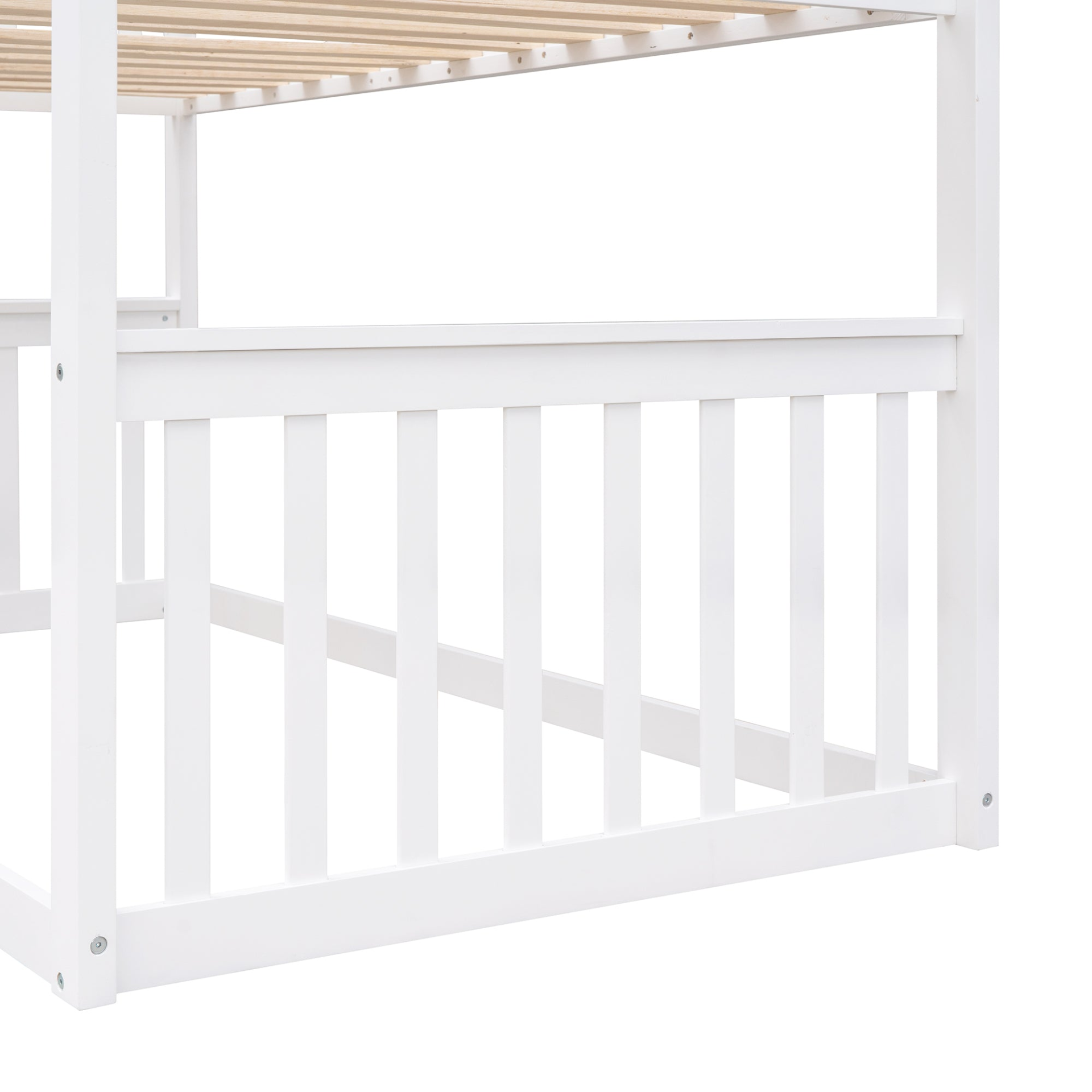 Wood twin over twin house bunk bed with ladder, ideal for kids and teens, featuring a sturdy frame and cozy design.