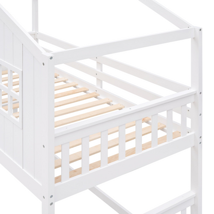 Start2Finish twin over twin wood bunk bed with ladder, ideal for kids and teens, featuring a sturdy design and natural wood finish.