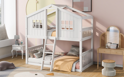 Wood twin over twin house bunk bed with ladder, sturdy furniture for kids and teens by Start2Finish, featuring a cozy house design