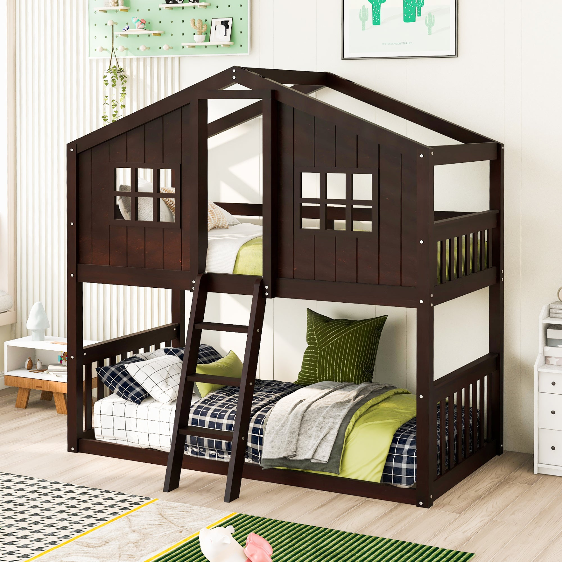 Wood twin over twin house bunk bed with ladder, perfect for kids and teens, by Start2Finish.