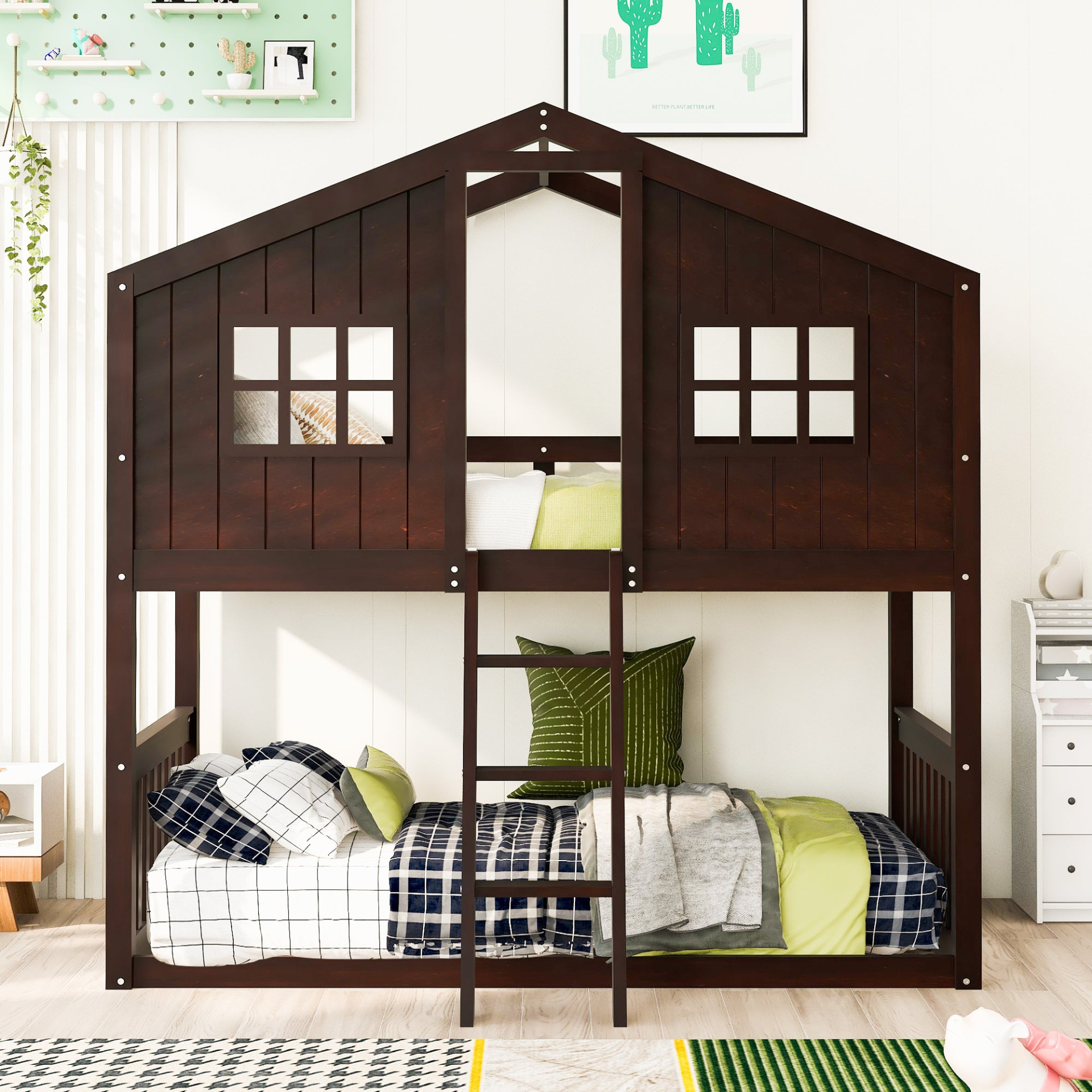 Wood twin over twin house bunk bed with ladder, ideal for kids and teens, featuring a cozy house design and sturdy frame.
