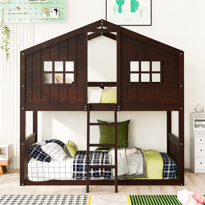 Wood twin over twin house bunk bed with ladder, ideal for kids and teens, featuring a cozy house design and sturdy frame.