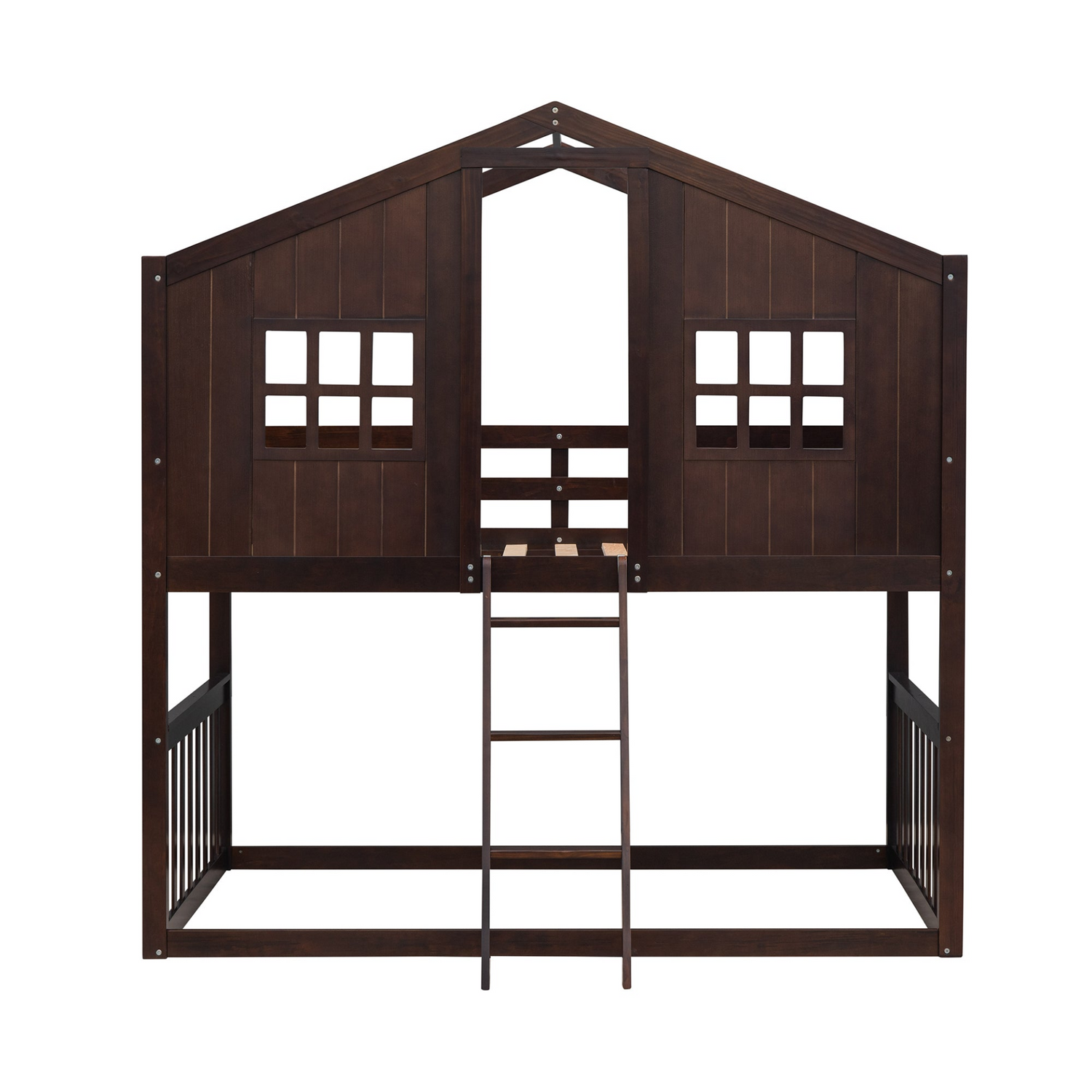 Wood twin over twin house bunk bed with ladder for kids and teens, sturdy furniture by Start2Finish, featuring a cozy house design.
