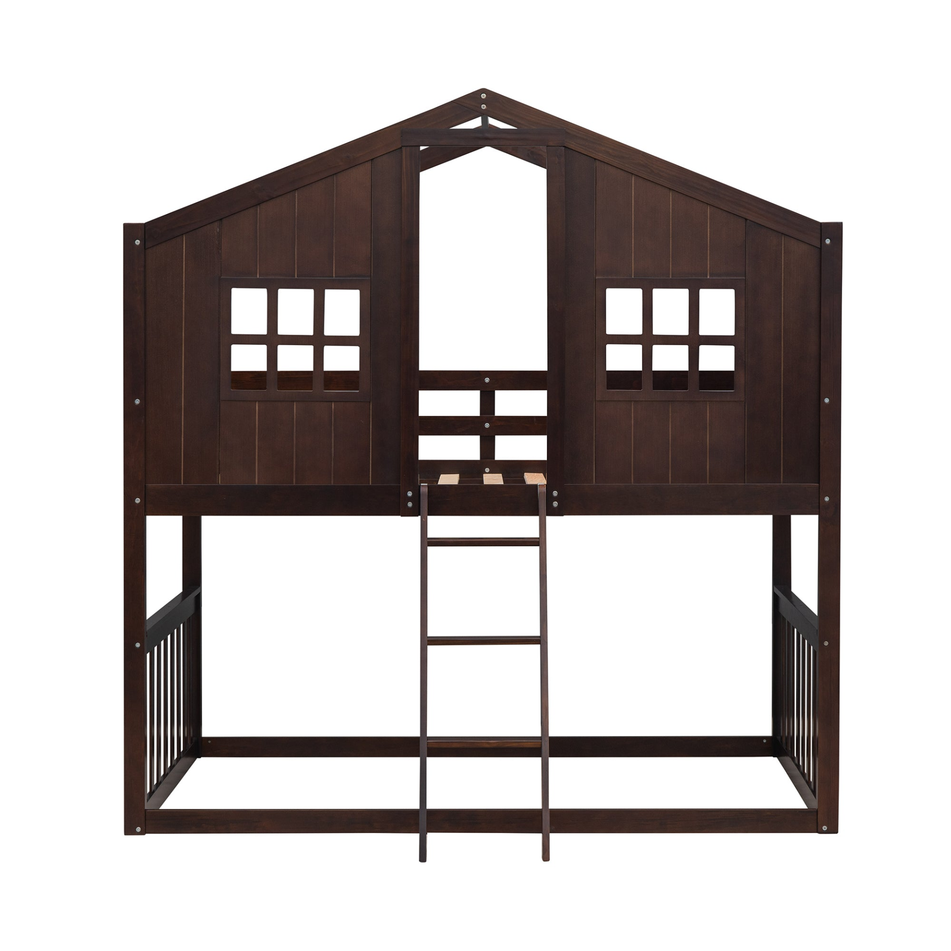 Wood twin over twin house bunk bed with ladder for kids and teens, sturdy furniture by Start2Finish, featuring a cozy house design.