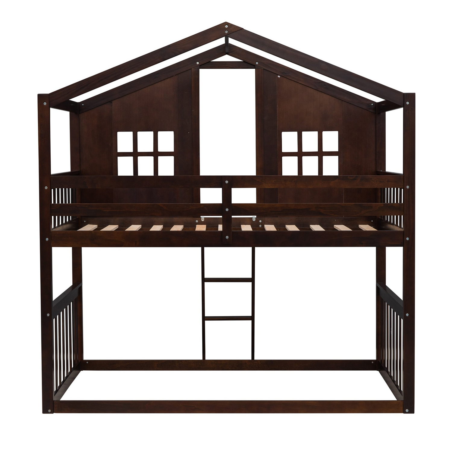 Start2Finish twin over twin house bunk bed with ladder, wooden furniture for kids and teens, showing the bed frame and ladder.