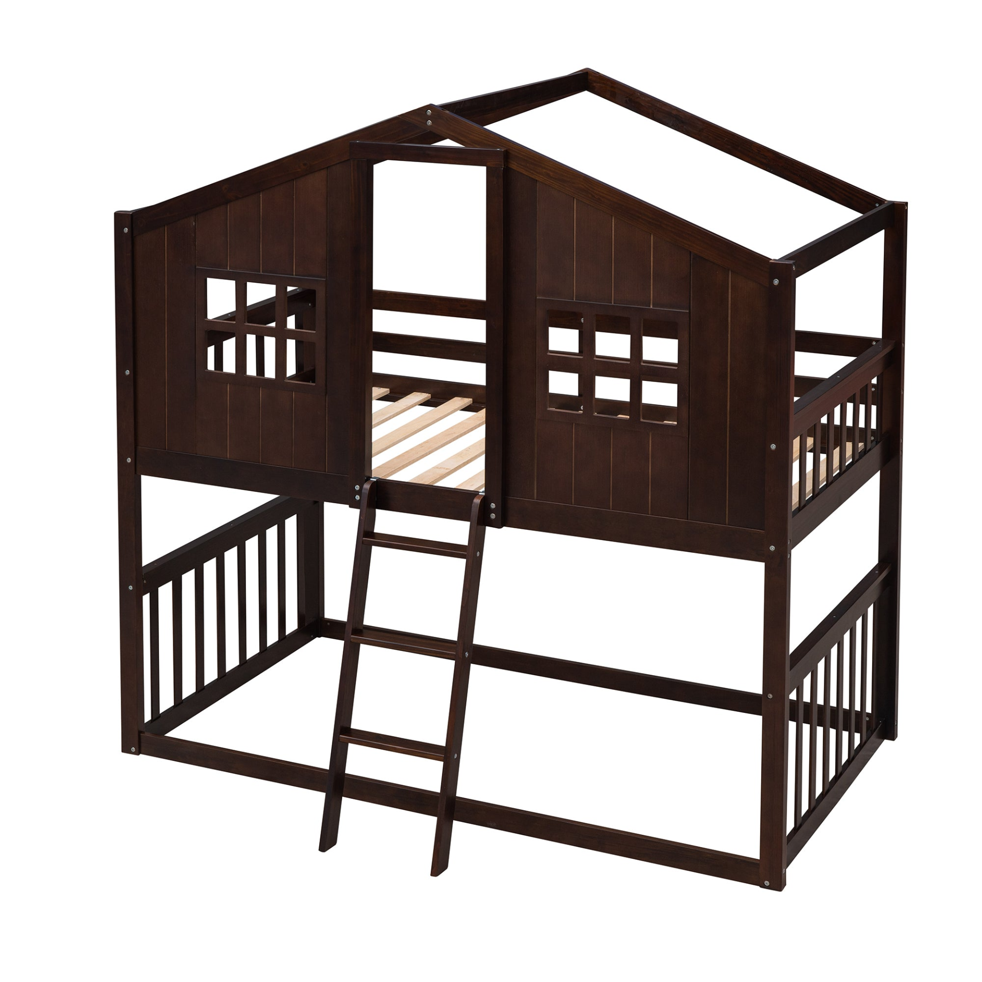 Wood twin over twin house bunk bed with ladder for kids and teens, sturdy furniture by Start2Finish