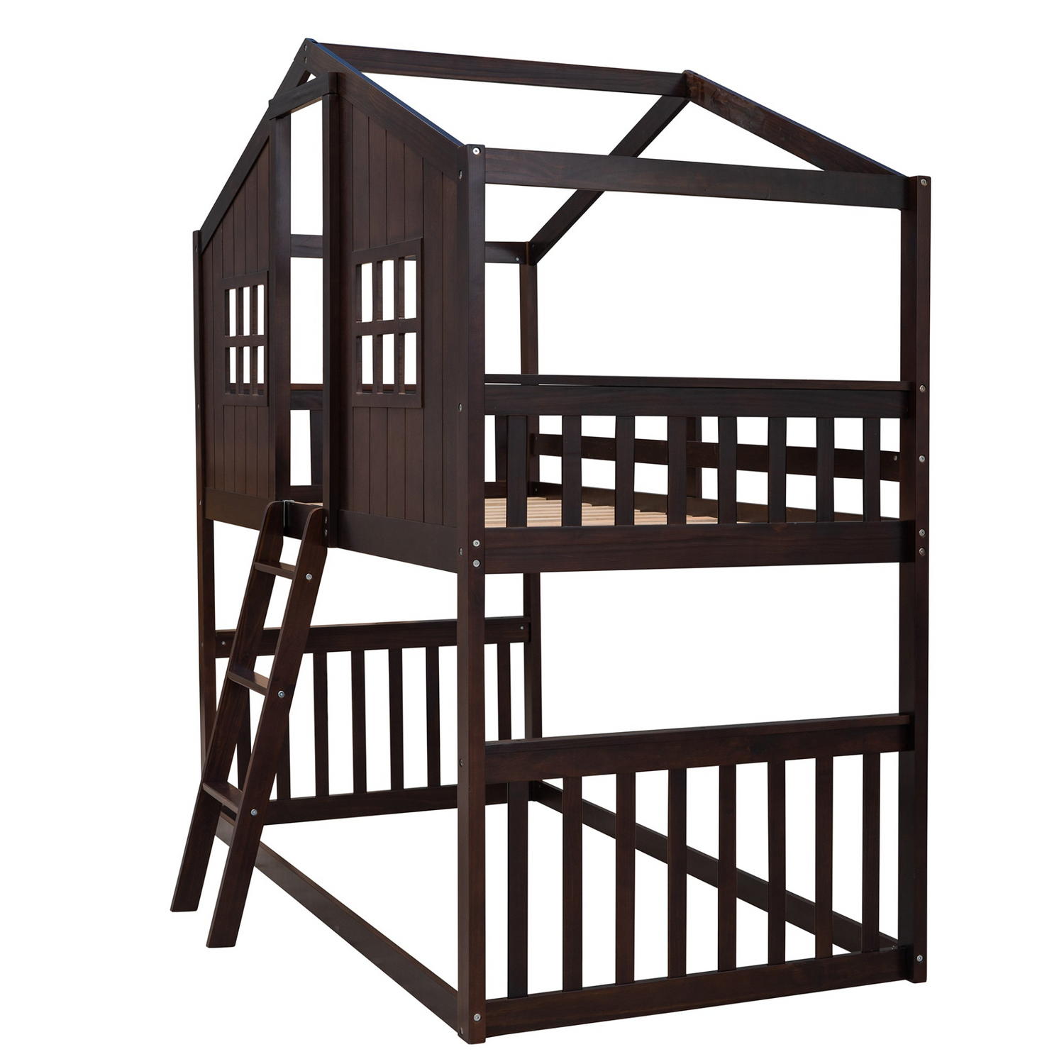 Wood twin over twin house bunk bed with ladder, ideal for kids and teens, sturdy furniture by Start2Finish.