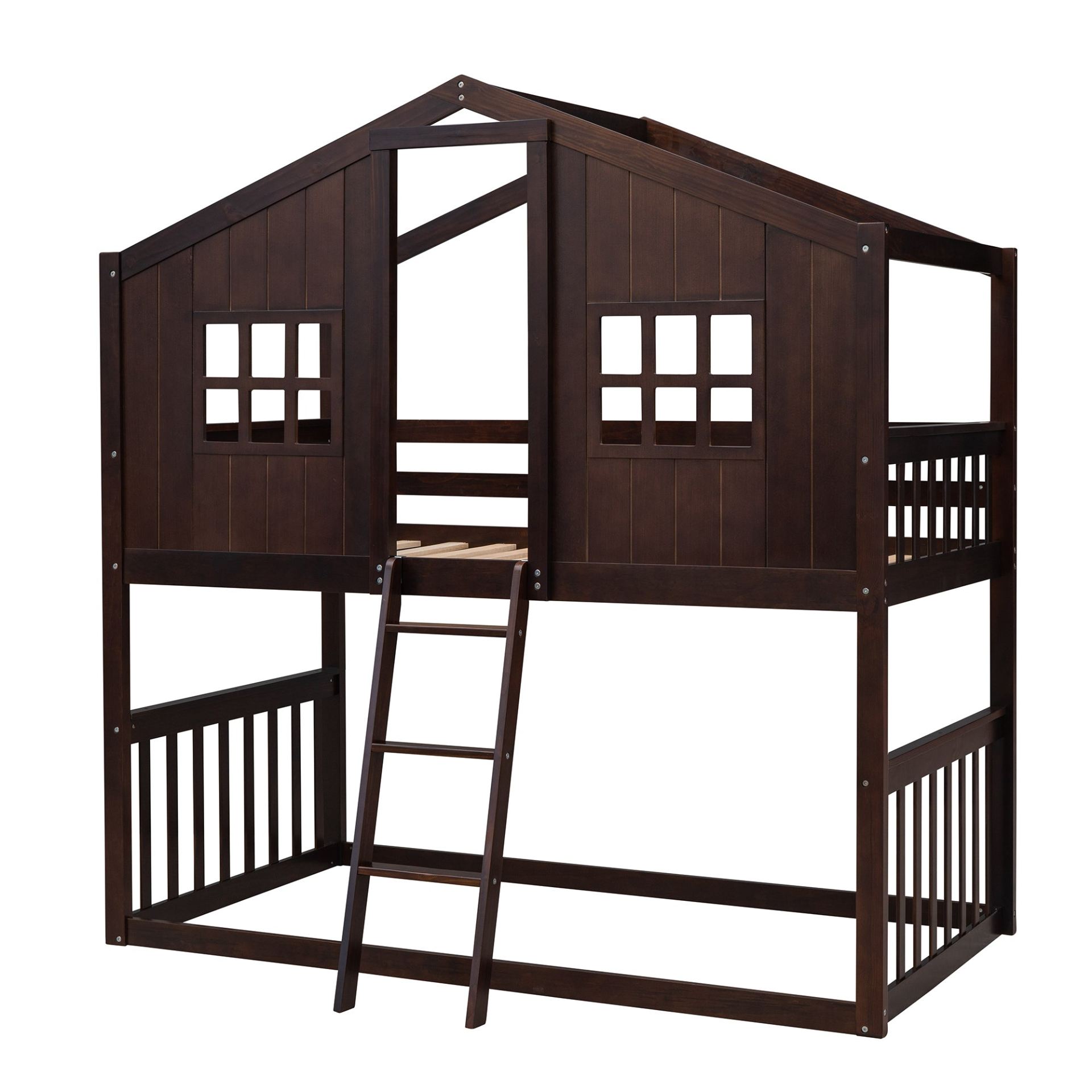 Wood twin over twin house bunk bed with ladder, ideal furniture for kids and teens, by Start2Finish